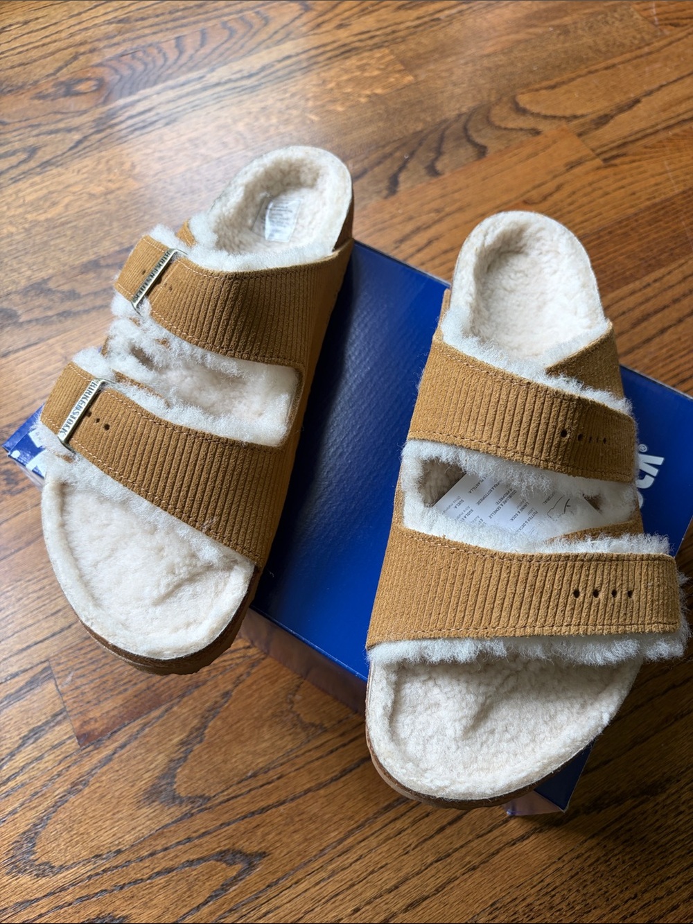 Birkenstock Men's Tan Ribbed Double-Strap Shearling Lined Sandals
